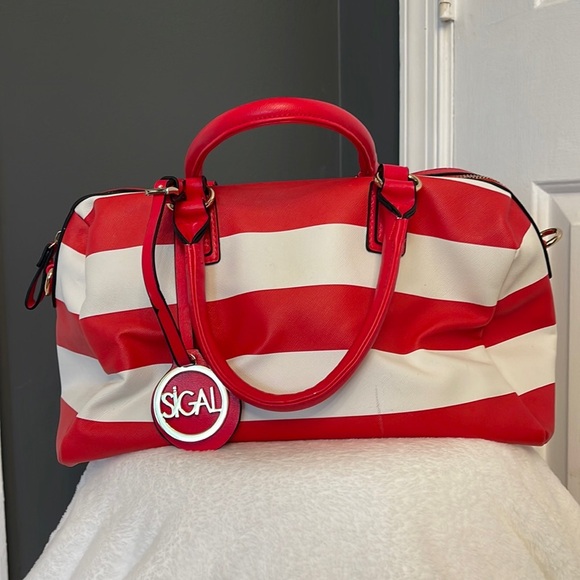 Sigal Handbags - Sigal Red and White Stripe Purse - Stylish Shoulder Bag with Gold Accents NWOT